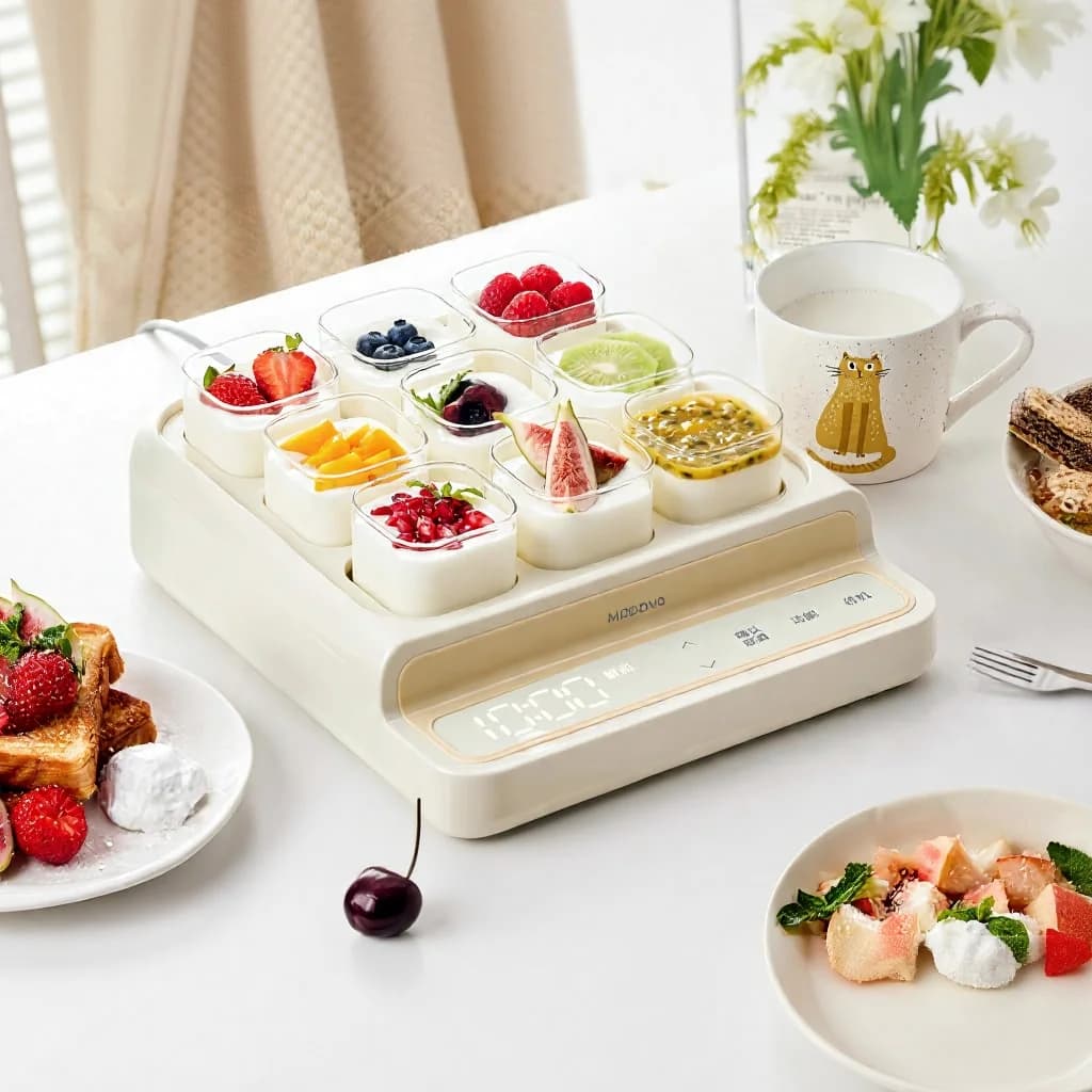 Elektrische yoghurtmaker met 9 compartimenten voor cups en glazen binnenpot