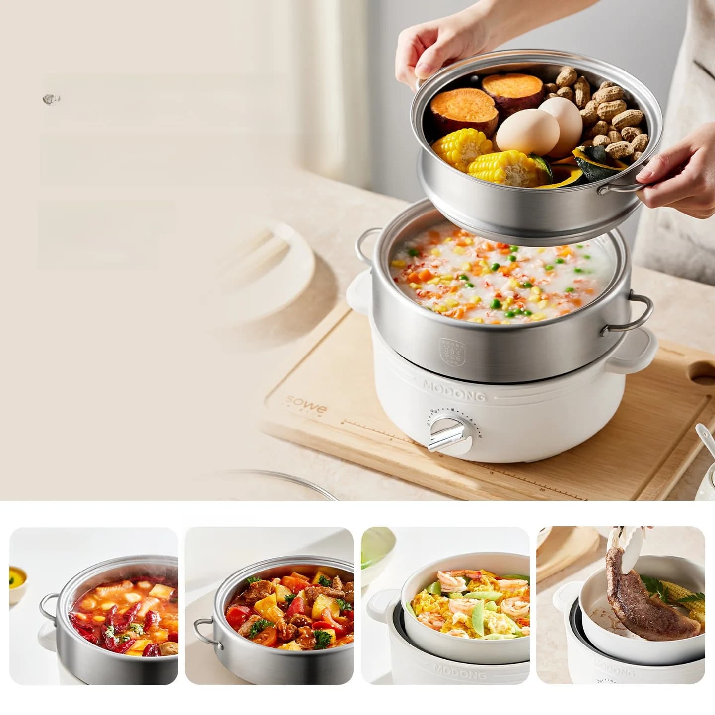 Gesplitste elektrische hotpot van roestvrij staal, 2L, 3 warmtestanden