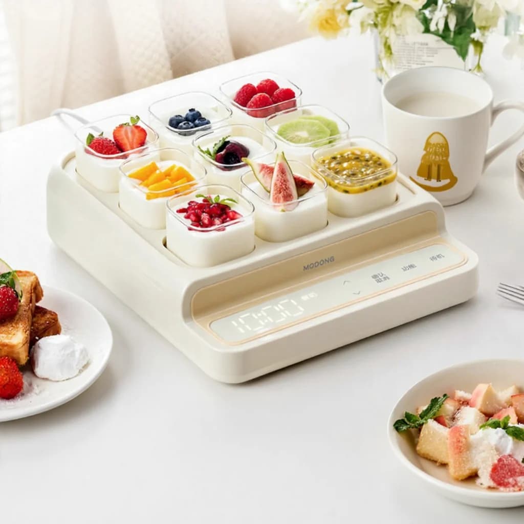 Yoghurtmaker met 9 cups en glazen binnenpot met timer
