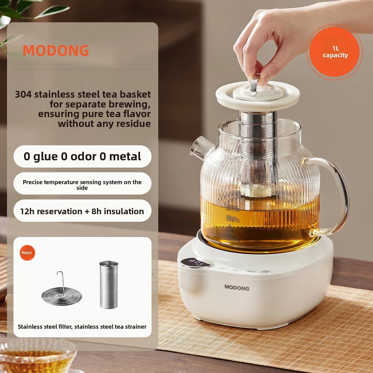 Elektrische glazen health pot met temperatuurregeling en theestomer
