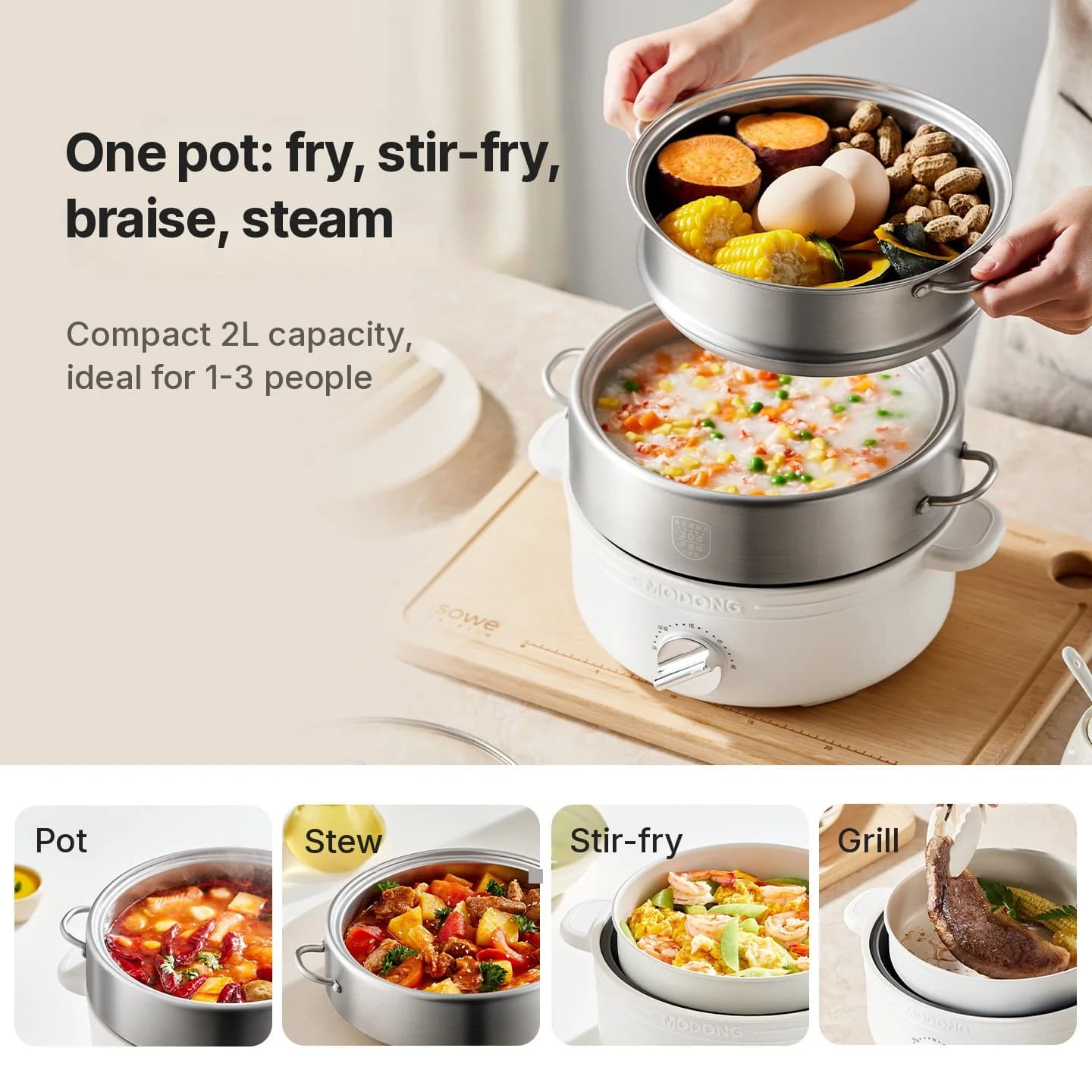 Split elektrische hotpot, roestvrij staal 2L, 3 warmtestanden