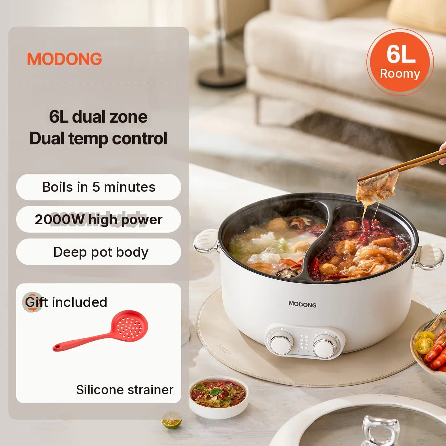 6L elektrische hotpot met dubbele zone en onafhankelijke temperatuurregeling
