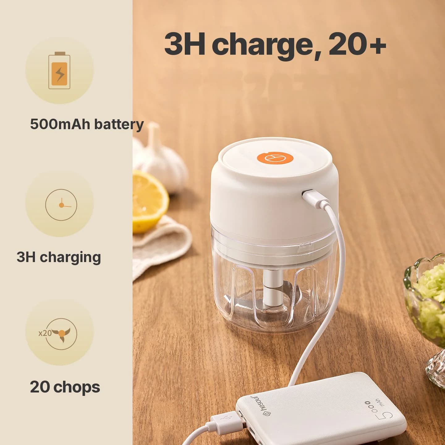 Draadloze elektrische knoflookhakbeker 250mL 5V 30W kunststof