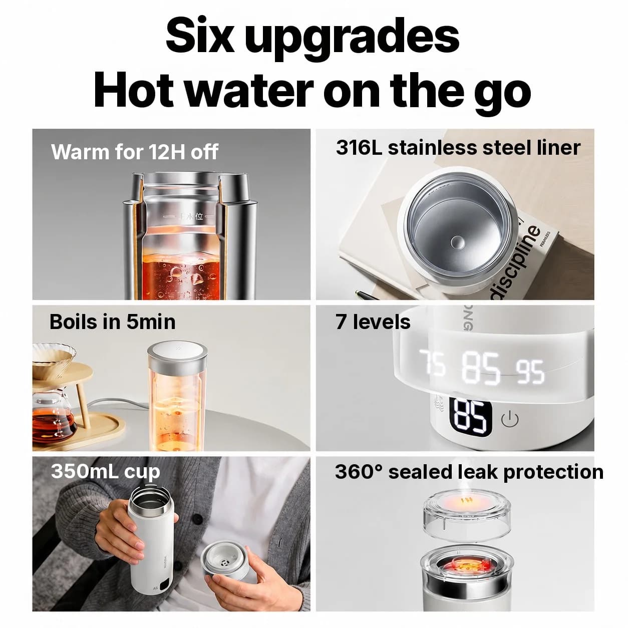 Draagbare elektrische waterverwarmingsbeker 350ml 316L roestvrij staal