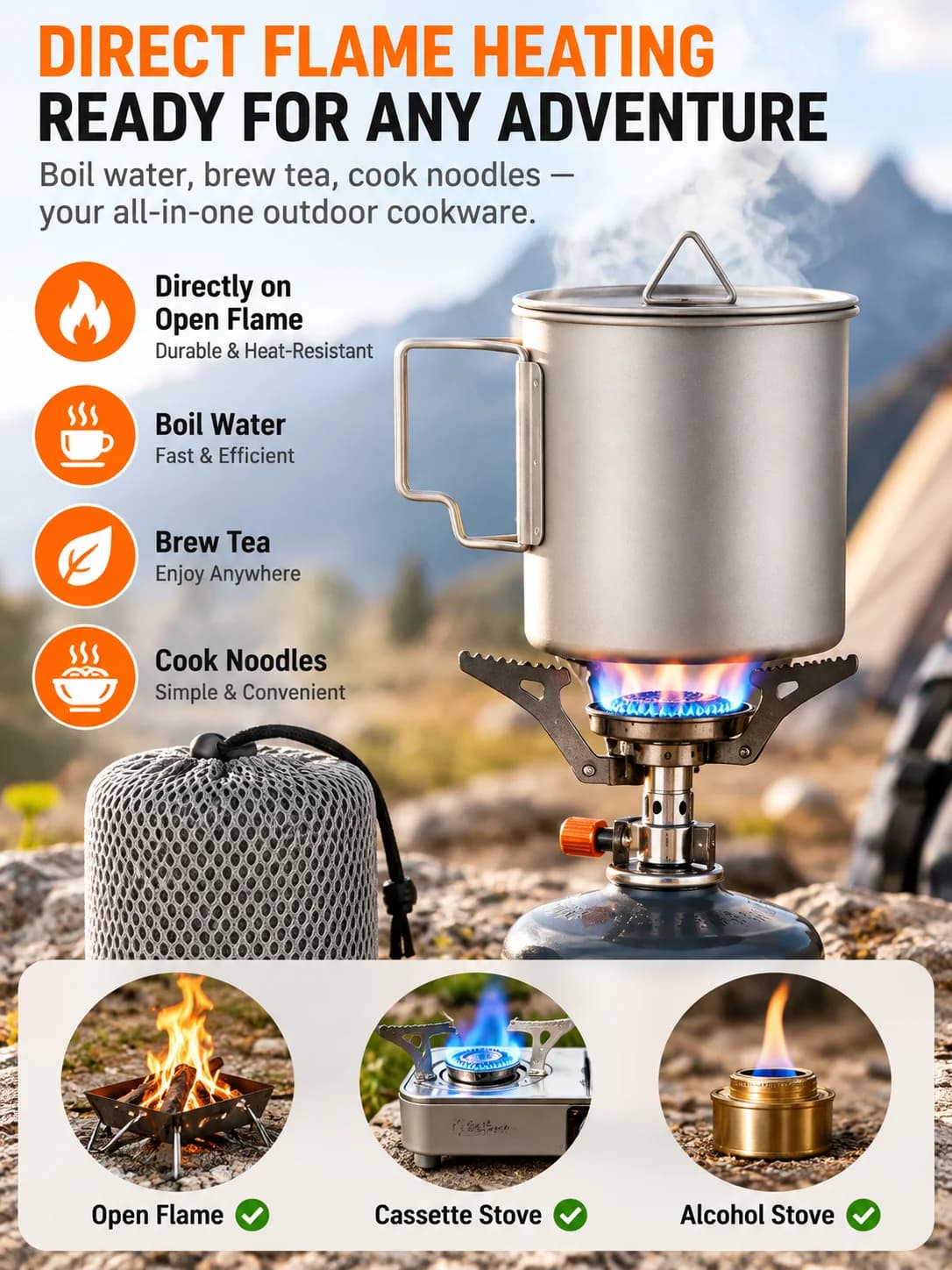 Opvouwbare campingmok van puur titanium