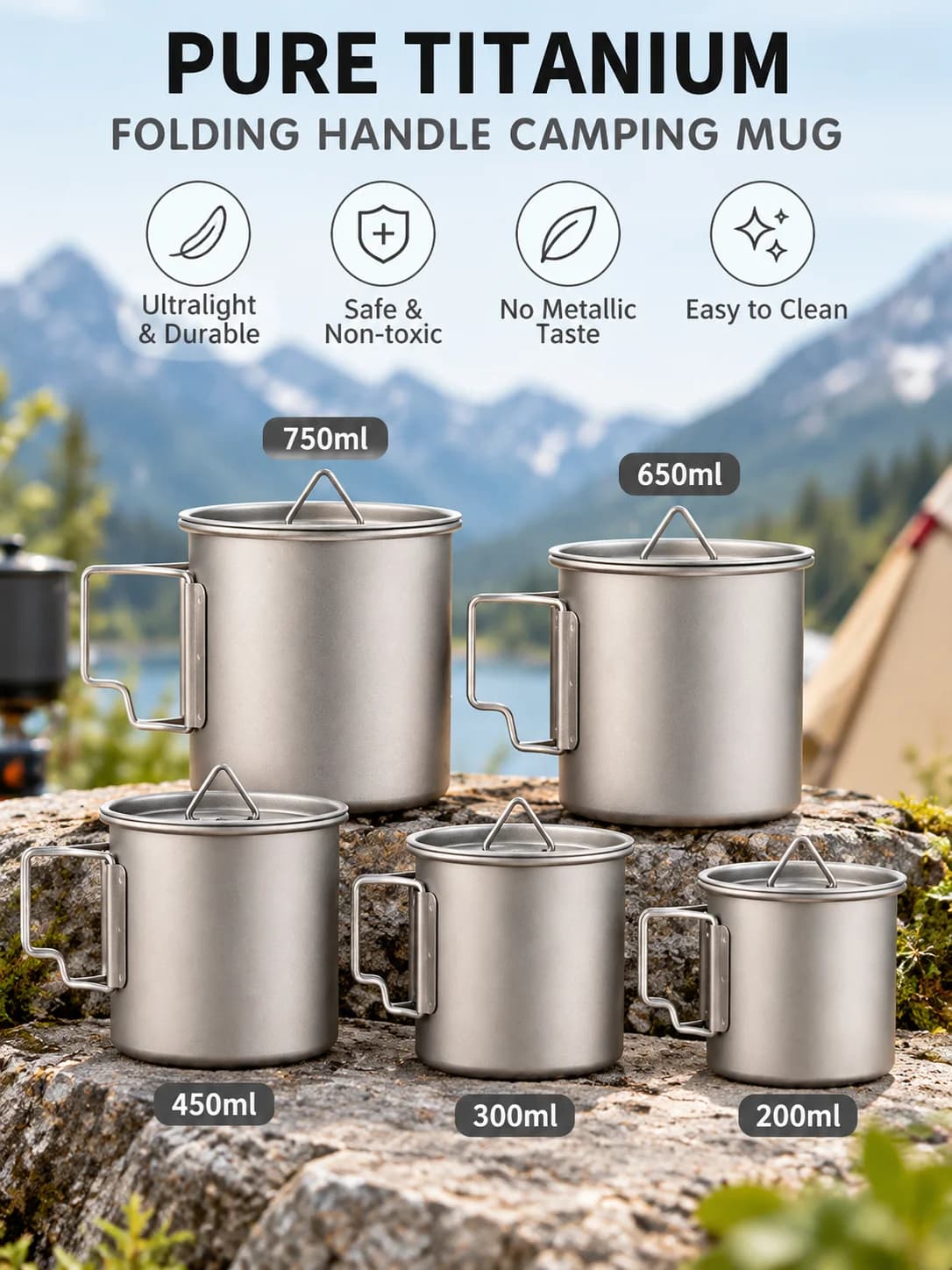 Opvouwbare campingmok van puur titanium