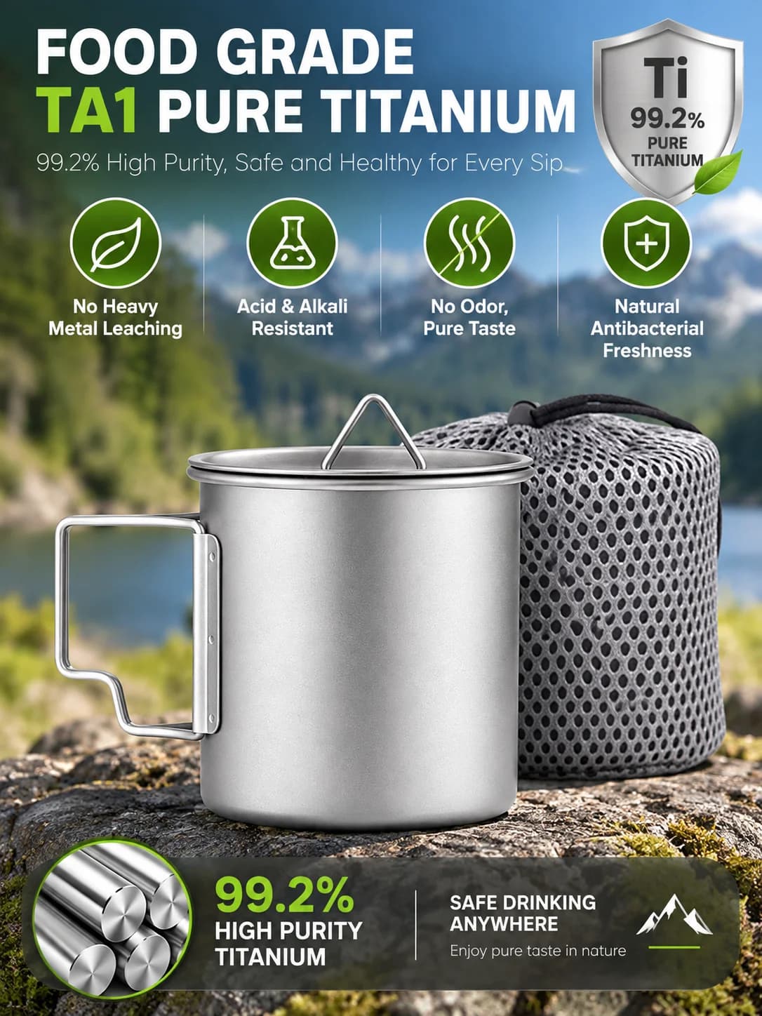 Opvouwbare campingmok van puur titanium