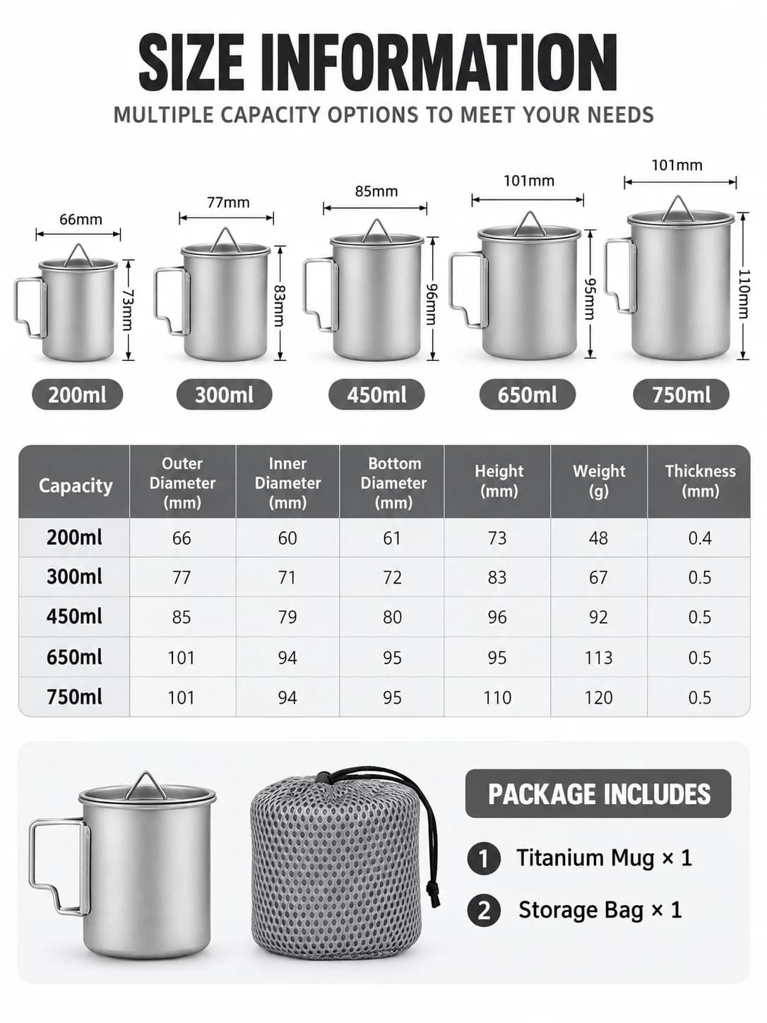 Opvouwbare campingmok van puur titanium